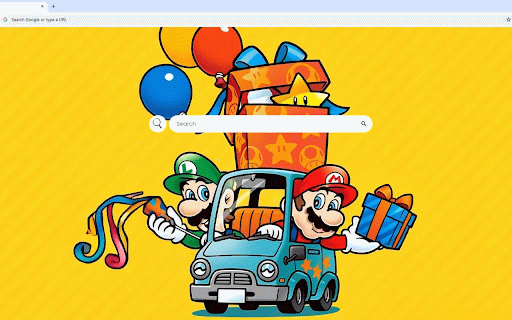 Mario & Luigi Live Wallpaper :: Mario & Luigi delivering gifts with colorful balloons on bright yellow festive background.