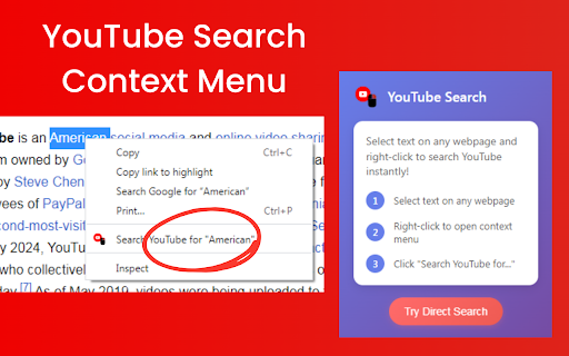 YouTube Search Context Menu - Quick Video Search :: Instantly search YouTube videos with right-click context menu. Fast YouTube search from any webpage text selection.