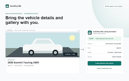 AutoRep HQ – Listing Assistant :: Turn public dealership vehicle pages into personalized, review-ready Marketplace listings.