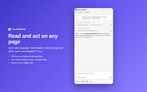 OpenSidekick — Bring-Your-Own-LLM Browser Agent :: Open-source AI assistant that reads and acts on web pages using any model you choose. Your keys stay in your browser.