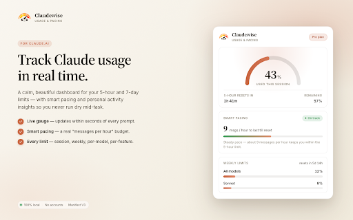 Claudewise — Usage & context transfer :: Track Claude usage with a gauge, pacing & heatmap. Transfer context between Claude, ChatGPT, Gemini, Grok & DeepSeek in one click.