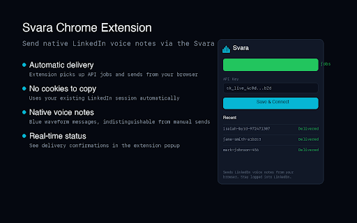 Svara – LinkedIn Voice Notes :: Send native LinkedIn voice notes via the Svara API. This extension handles LinkedIn delivery from your browser.