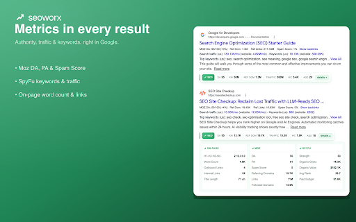 SeoWorx — SEO Toolbar & Metrics :: Instant SEO metrics in Google search results and on any website.