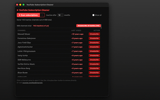 YouTube Subscription Cleaner :: Scan your subscriptions, find inactive channels, and unsubscribe in bulk — without leaving your browser.