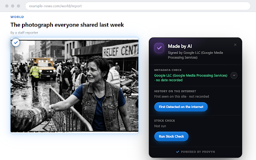 Provyn – Reverse Image Search, Fake Photo & Misinformation Fact-Checks :: Don't be fooled by misinformation. Hover any picture to see who took it, when, and any fact-checks, even of photos in screenshots.