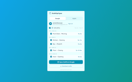 SubItUp Sync :: Sync your SubItUp shifts to Google Calendar or Apple Calendar with one click.