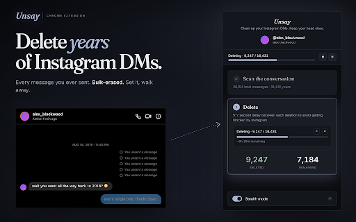 Unsay: Bulk Delete & Unsend Instagram DMs :: Bulk-delete every message you sent in an Instagram conversation, in one click. Optional backup before you erase.