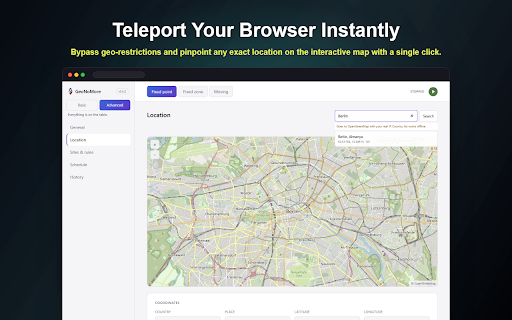 GeoNoMore :: Fake your GPS location in one click. Spoof geolocation, time zone and language per site, or move along a route you drew.
