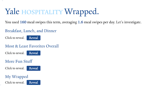 Yale Hospitality Wrapped :: Get a wrapped of your Yale Hospitality history for the Fall 2024 semester!