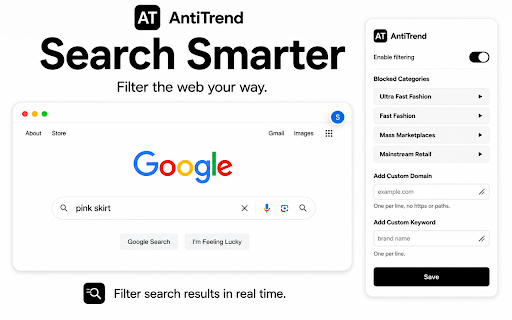AntiTrend Filter :: Block fast fashion, sponsored results, and unwanted brands from Google Search and Shopping.