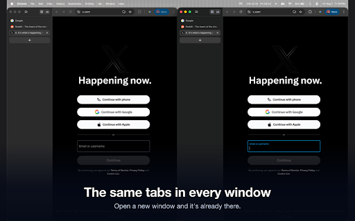 Sync Tabs Across Windows, Same Tabs in Every Window - Tabtwinsy :: Mirror the same tabs and tab groups across every browser window. Open a new window and your tabs are already there. Free and local.