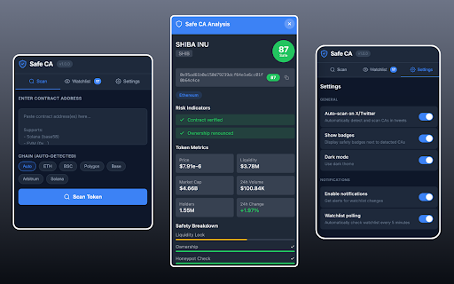 Safe CA - Token Safety Scanner :: Real-time token safety scanner. Detects contract addresses on X/Twitter and custom websites with instant risk assessment.