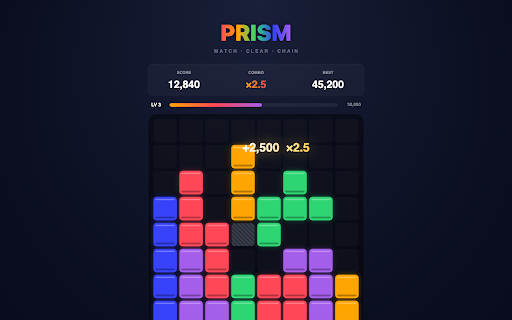 Prism — Color Block Puzzle :: A vibrant color-block puzzle in a Chrome popup. Place pieces, clear lines, chain combos, dodge obstacles. Fully offline.