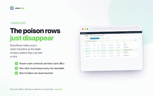 ScamRows :: Hides phishing and dust scam-token rows in token-transfer tables on Etherscan-family explorers. Runs locally.