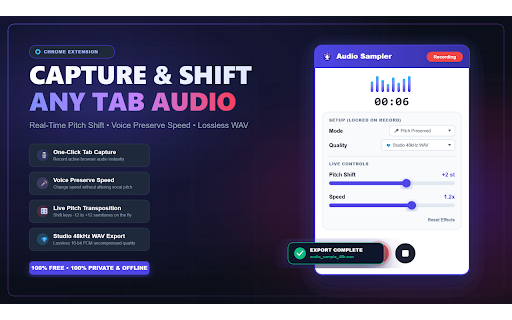 Audio Sampler - Pitch & Speed Control :: Capture tab audio with pitch shift, speed control, and export to WAV, MP3, or WebM.