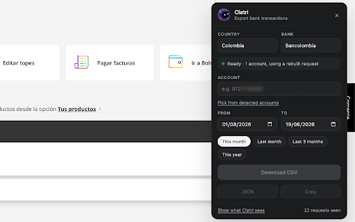 Clatri :: Official Clatri extension. Export your bank transactions to CSV — the browser companion to your AI agent for money, health and life.