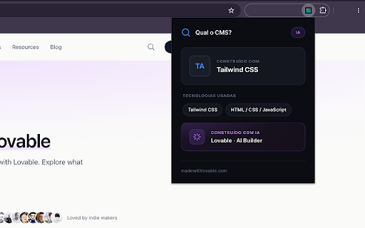 Qual o CMS? :: Descubra o CMS, framework, linguagem e se o site foi feito com IA (Lovable, v0, Bolt). Análise instantânea em 1 clique.