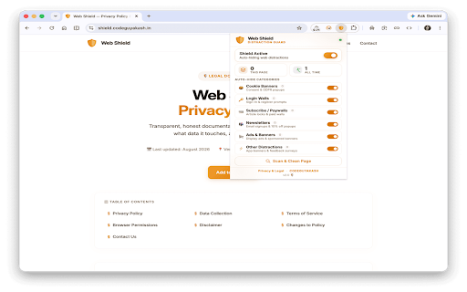 Web Shield :: Automatically hides cookie banners, login walls, paywalls, newsletters, ads, and annoying web distractions so you can browse clean.
