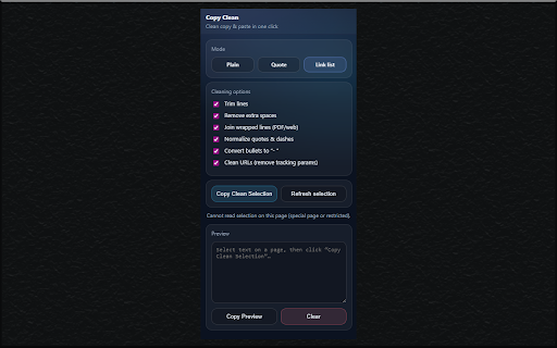 Copy Clean :: Copy clean plain text from any page (remove junk formatting, fix line breaks, normalize quotes).