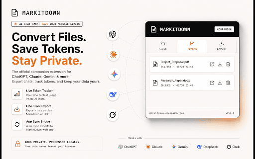 MarkItDown Companion :: Sync markdown files from MarkItDown, track AI token usage, and export chats from Claude, ChatGPT, Gemini, DeepSeek & Grok.