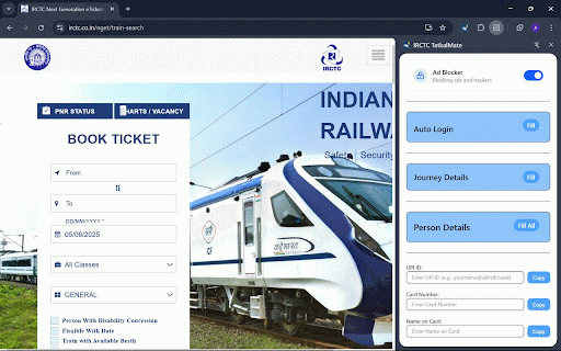 IRCTC TatkalMate :: Speed up Tatkal booking with smart autofill, one-click submission, and built-in ad blocker for a faster IRCTC experience.