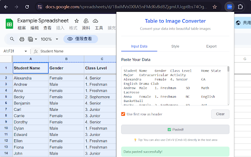 Table to Image Converter :: Convert Excel, Google Sheets, CSV, and text data into beautiful table images. Easy copy-paste from spreadsheets.