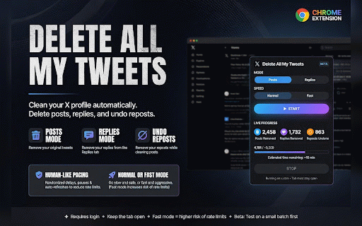 Delete All My Tweets Premium11: Mass Delete Posts, Replies & Reposts :: Clean posts, replies, and reposts from your X profile with automatic pauses and reloads.