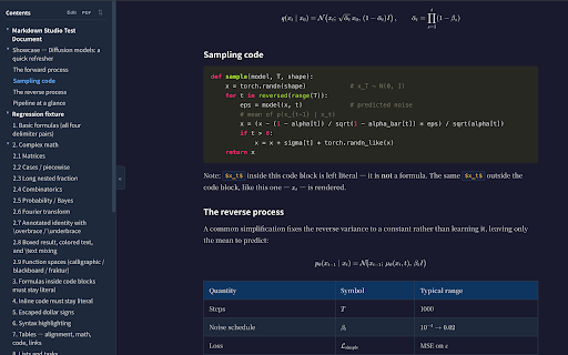 Markdown Studio :: Read, edit, comment on, and export Markdown (.md) to PDF or Word with editable equations. Math, code, tables, Mermaid, themes.