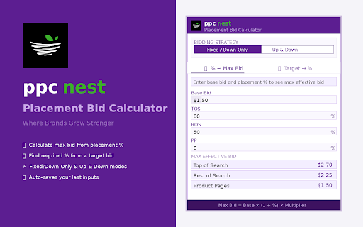 PPC Nest — Placement Bid Calculator :: PPC Nest: Calculate Amazon Ads placement bids instantly — max bid from % or % from target bid.