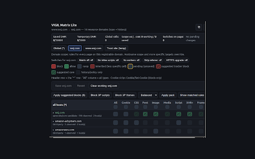 VIGIL Matrix Lite :: Experimental request policy matrix: per-site control of scripts, frames, cookies and headers. declarativeNetRequest, local-only.