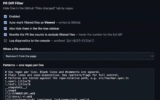 PR Diff Filter :: Hide GitHub pull request files by regex, and auto-mark them as Viewed.