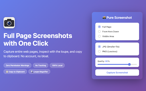 Pure Screenshot | FullPage :: Capture full-page, partial, or visible-area screenshots with zero permission warnings. No tracking, no bloat.