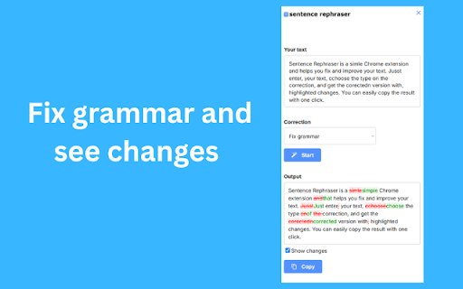 SentenceFix - Sentence Rephraser, Grammar Corrector and Translator :: Rephrase sentences, correct grammar, improve style, shorten sentences or paragraphs or translate into more than 50 languages.