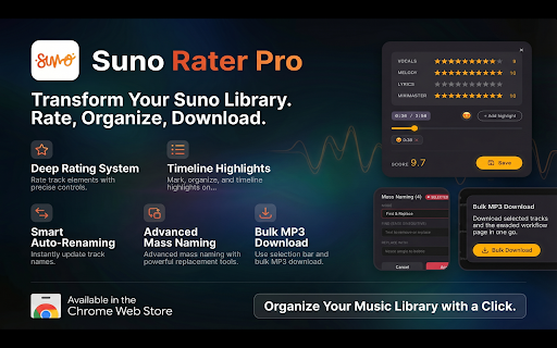 Suno Rater Pro :: Professional rating system for Suno.ai. Features: Deep Rating, Highlights, Auto-Renaming, Direct WAV/MP3 Downloads.