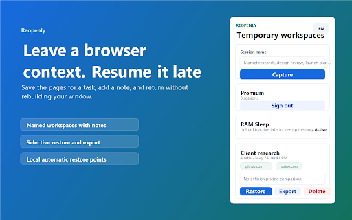 Reopenly :: Save browser workspaces and return exactly where you left off, with local restore points and a tab inbox.