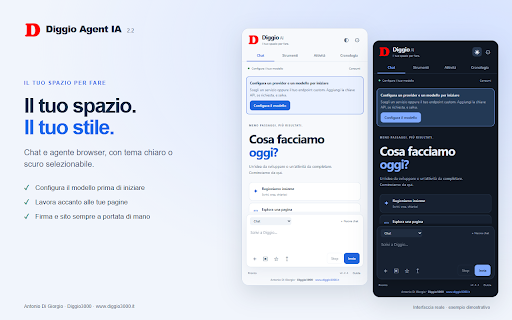 Diggio Agent IA :: Chat AI e agente browser con il tuo modello: procedure riutilizzabili, consumi e comandi autonomi o da approvare.