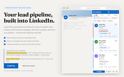 LeadzTrak :: LeadzTrak for LinkedIn: capture, organize, and follow up on leads from a docked side panel.
