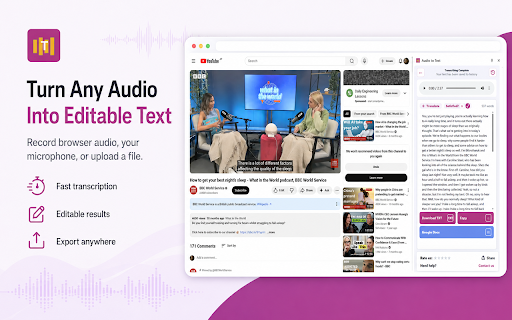 Transcribe Audio to Text Converter :: AI audio-to-text extension for transcribing files, browser tab audio, and microphone recordings.