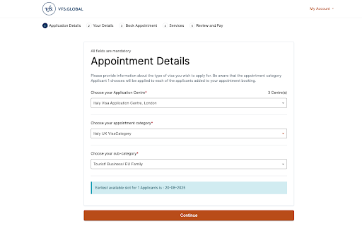 VFS Appointment Booker for Schengen Visa :: Automatically books Schengen visa appointments on VFS Global when they become available, for Italy Netherlands Portual and France