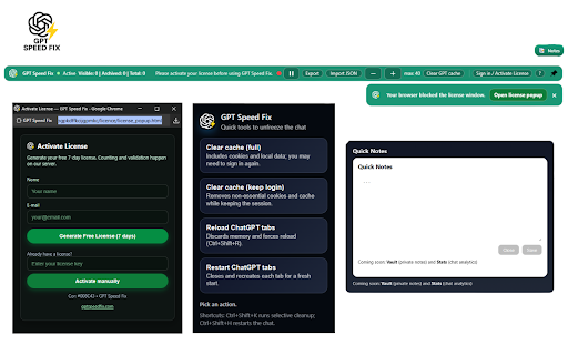 GPT Speed Fix :: Optimizes long ChatGPT chats: HUD, auto cleanup, export TXT/JSON/PDF, JSON import (v2), per-chat notes, i18n.