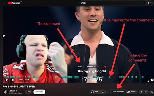 YouTube Comment Moments :: Shows YouTube comment moments as timeline markers and in-player bubbles.