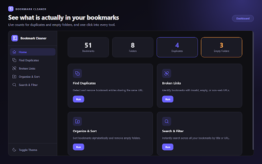 Bookmark Cleaner :: Find duplicates, broken links, organize and search all your bookmarks — fast and clean.