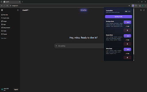ContextShift :: Save context profiles and inject them into AI chat boxes.