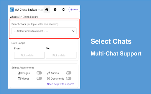WA Chats Backup: Export chats and messages with media for WA :: Bulk backup and export WhatsApp chats, messages and media into HTML, CSV, JSON, or Excel formats with ease
