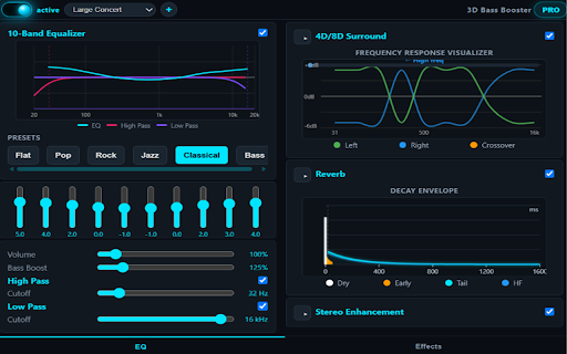 3D Bass Booster :: 3D audio enhancement for browser tab audio — volume boost, bass, EQ, reverb, and surround.