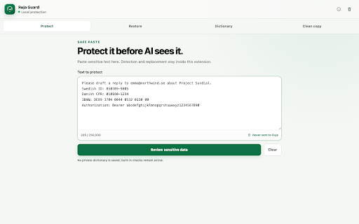 Ruja Guard :: Protect sensitive text and create reviewed plain-text copies locally before sharing with AI.