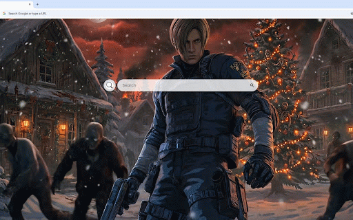 Resident Evil Christmas Live Wallpaper :: Leon Kennedy in tactical gear fighting zombies in snowy Christmas village setting.