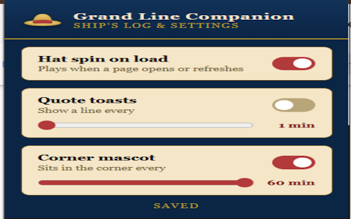 Grand Line Companion :: A pirate-themed browser companion: a spinning straw-hat load animation, timed adventure quotes, and a chilling corner mascot.
