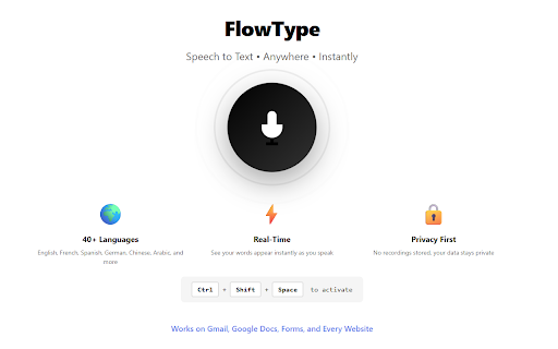 FlowType: Speech to Text :: Speech to text for Chrome. Dictate anywhere - Gmail, Docs, forms. Free voice typing extension with 40+ languages supported