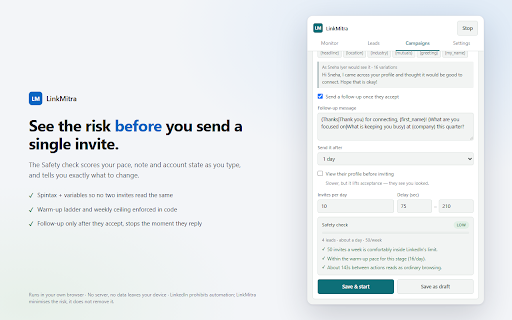 LinkMitra — LinkedIn Outreach & Lead Gen :: Paced LinkedIn outreach with a live account-safety meter. Harvest leads, run connect sequences, stop before you get flagged.
